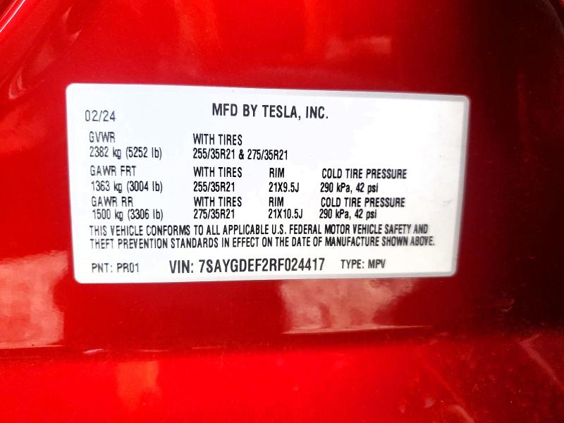 99670925 :رقم المزاد ، 7SAYGDEF2RF024417 vin ، 2024 Tesla Model Y مزاد بيع