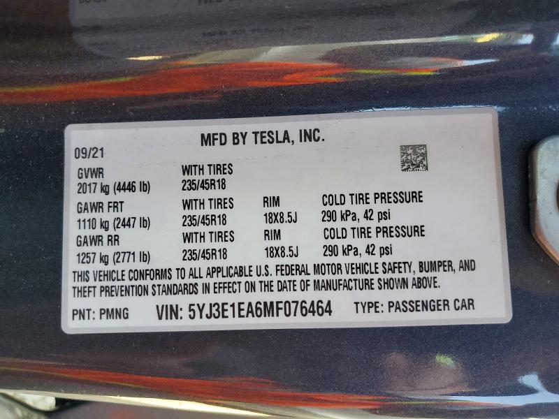 Aukcja sprzedaży 2021 Tesla Model 3, vin: 5YJ3E1EA6MF076464, numer aukcji: 75396335