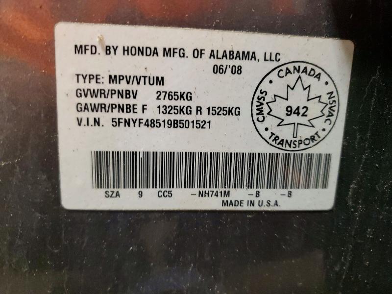 Продажа на аукционе авто 2009 Honda Pilot Exl, vin: 5FNYF48519B501521, номер лота: 74002735