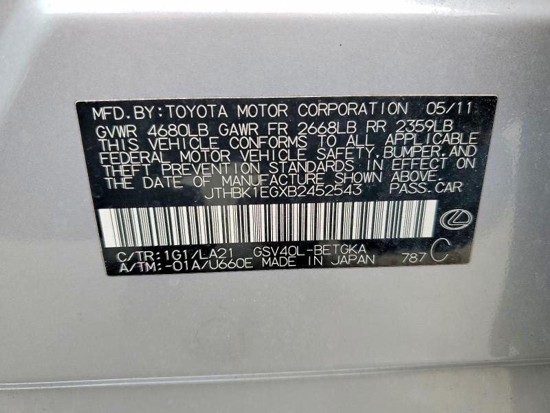 Aukcja sprzedaży 2011 Lexus Es, vin: JTHBK1EGXB2452543, numer aukcji: 73042595