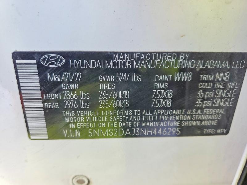 73910605 :رقم المزاد ، 5NMS2DAJ3NH446295 vin ، 2022 Hyundai Santa Fe مزاد بيع