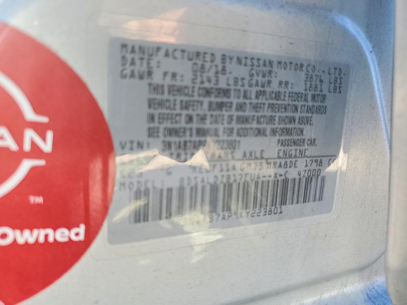 2019 Nissan Sentra მანქანა იყიდება აუქციონზე, vin: 3N1AB7AP9KY223801, აუქციონის ნომერი: 72860615