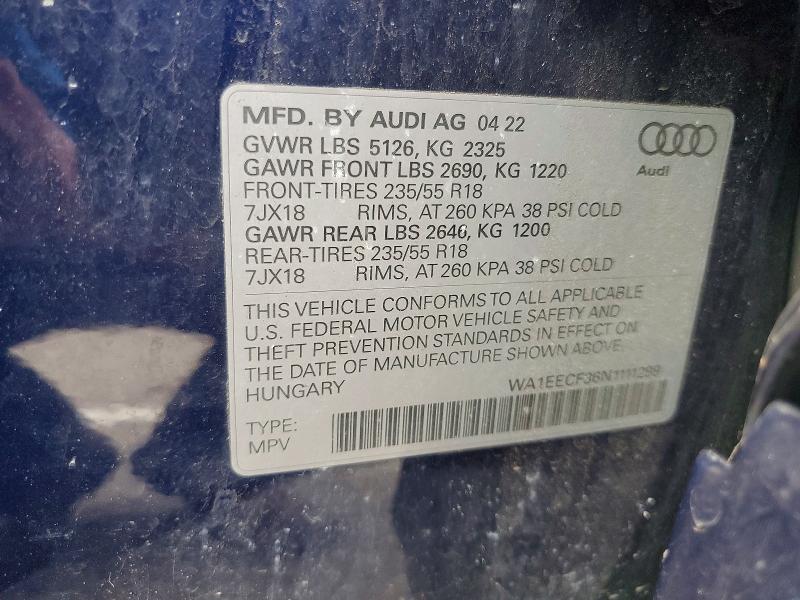 2022 Audi Q3 მანქანა იყიდება აუქციონზე, vin: WA1EECF36N1111299, აუქციონის ნომერი: 74283035