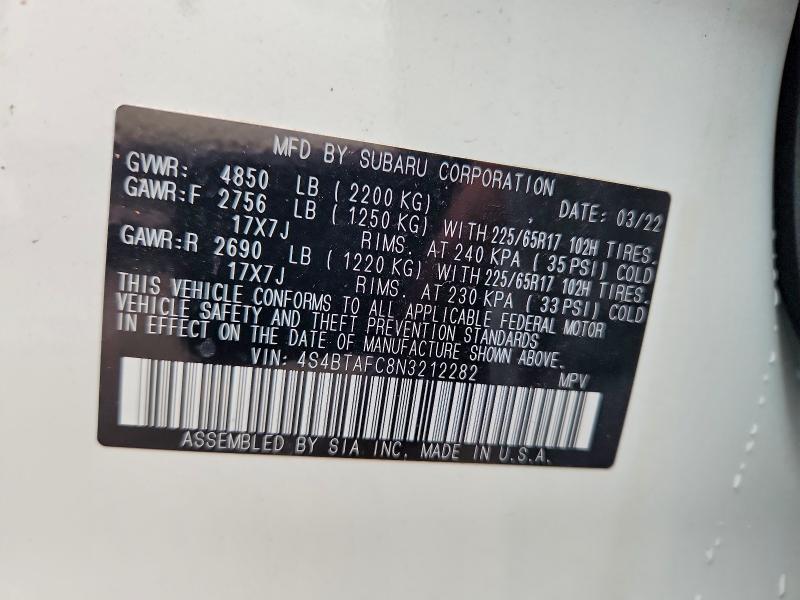 Aukcja sprzedaży 2022 Subaru Outback Pr, vin: 4S4BTAFC8N3212282, numer aukcji: 75036845