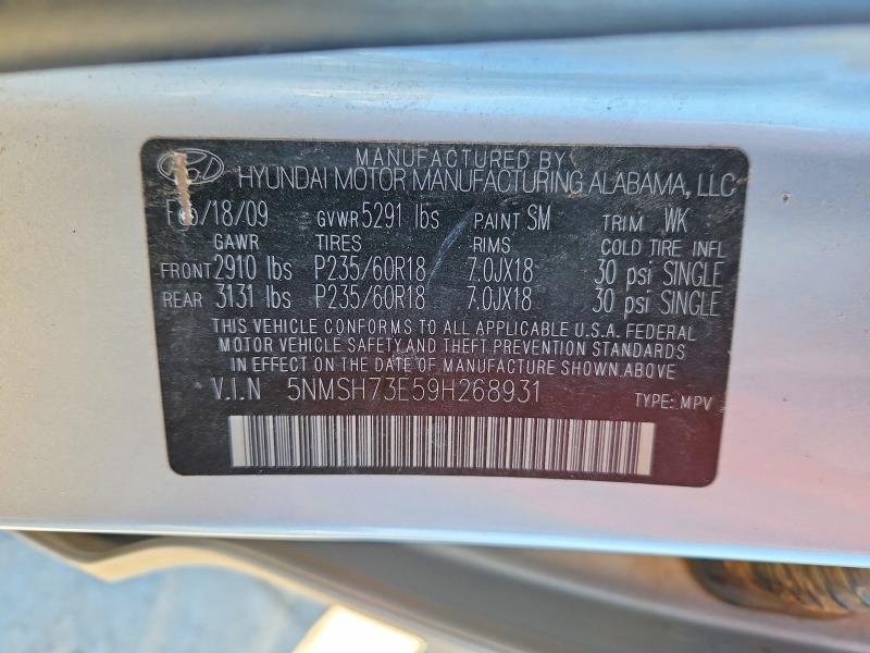 94712205 :رقم المزاد ، 5NMSH73E59H268931 vin ، 2009 Hyundai Santa Fe مزاد بيع