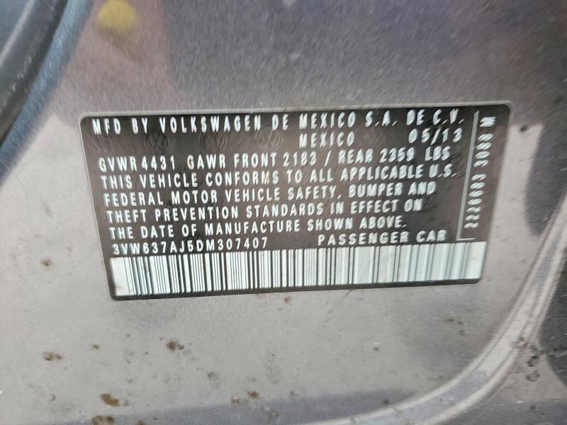 2013 Volkswagen Jetta მანქანა იყიდება აუქციონზე, vin: 3VW637AJ5DM307407, აუქციონის ნომერი: 72348185
