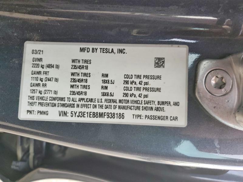 Продажа на аукционе авто 2021 Tesla Model 3, vin: 5YJ3E1EB8MF938186, номер лота: 73948525
