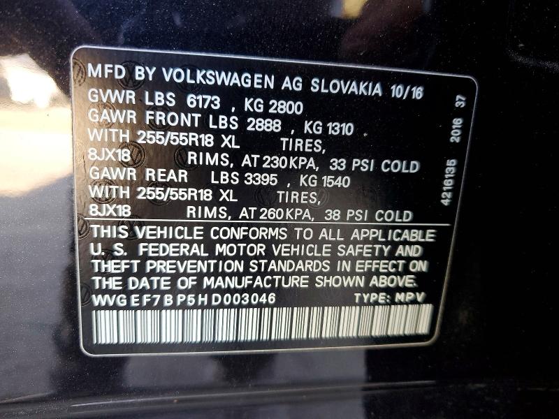 Продаж на аукціоні авто 2017 Volkswagen Touareg, vin: WVGEF7BP5HD003046, номер лоту: 74128155