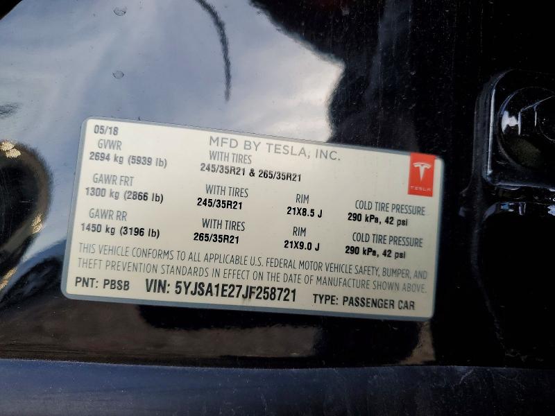 Aukcja sprzedaży 2018 Tesla Model S, vin: 5YJSA1E27JF258721, numer aukcji: 98622345