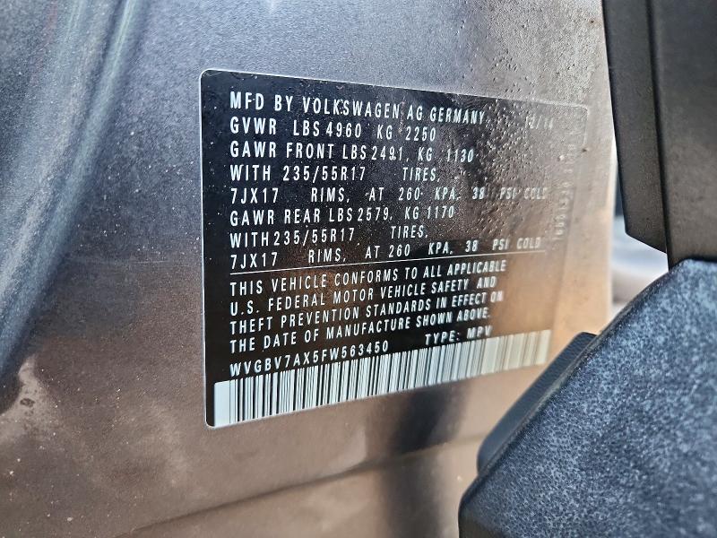 2015 Volkswagen Tiguan S მანქანა იყიდება აუქციონზე, vin: WVGBV7AX5FW563450, აუქციონის ნომერი: 73446725
