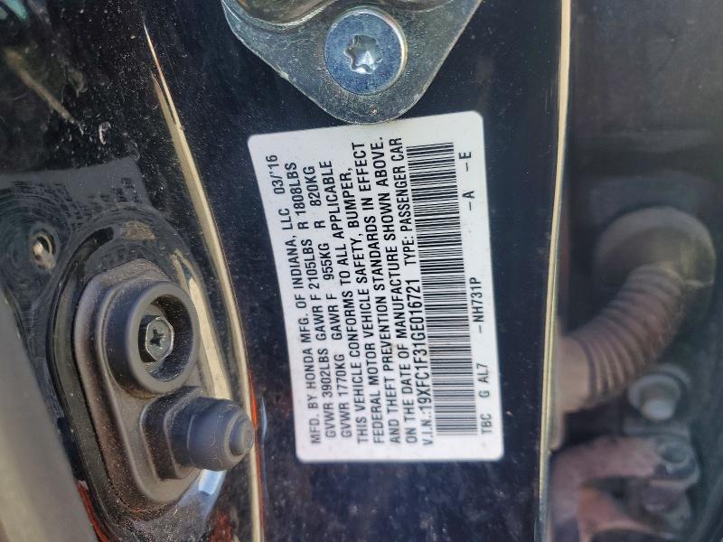 Продаж на аукціоні авто 2016 Honda Civic, vin: 19XFC1F31GE016721, номер лоту: 73682365
