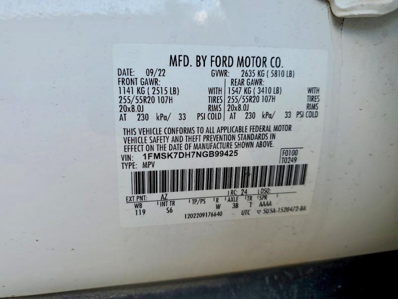 99308075 :رقم المزاد ، 1FMSK7DH7NGB99425 vin ، 2022 Ford Explorer مزاد بيع