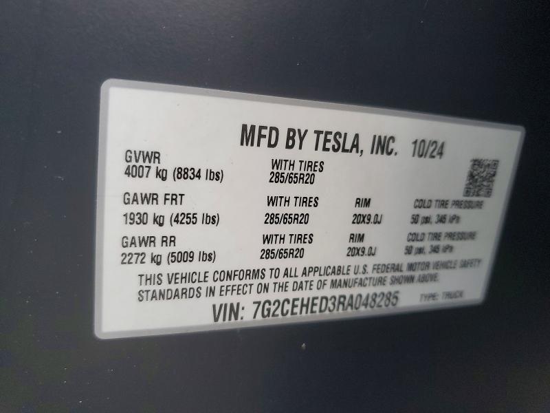 72749195 :رقم المزاد ، 7G2CEHED3RA048285 vin ، 2024 Tesla Cybertruck مزاد بيع
