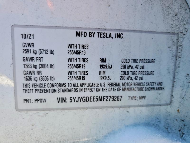Продаж на аукціоні авто 2021 Tesla Model Y, vin: 5YJYGDEE5MF279267, номер лоту: 74874725