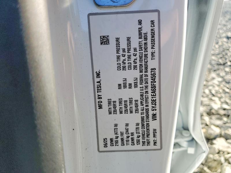 Aukcja sprzedaży 2025 Tesla Model 3, vin: 5YJ3E1EA6SF045678, numer aukcji: 72193865