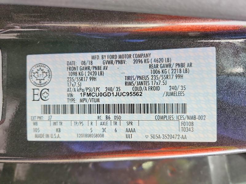 Продаж на аукціоні авто 2018 Ford Escape, vin: 1FMCU0GD1JUC95562, номер лоту: 75535575