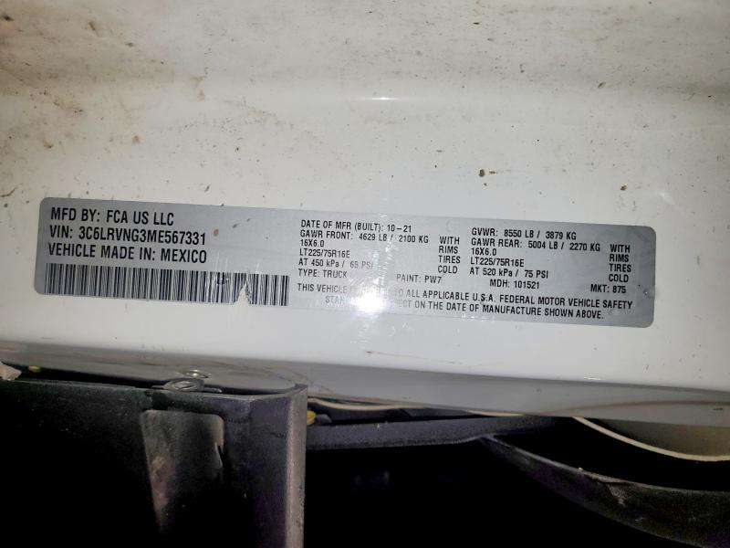 2021 Ram Promaster 1500 მანქანა იყიდება აუქციონზე, vin: 3C6LRVNG3ME567331, აუქციონის ნომერი: 72881795