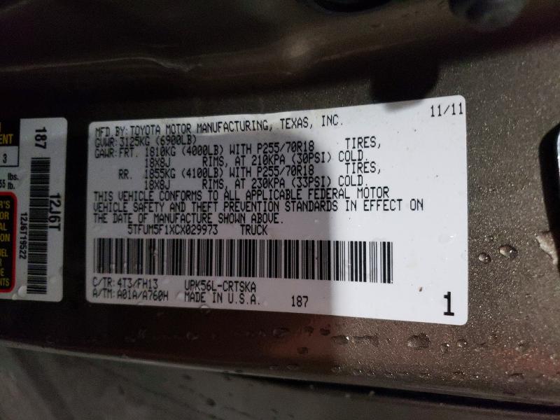 2012 Toyota Tundra მანქანა იყიდება აუქციონზე, vin: 5TFUM5F1XCX029973, აუქციონის ნომერი: 75641525