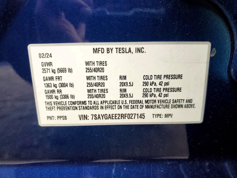 Aukcja sprzedaży 2024 Tesla Model Y, vin: 7SAYGAEE2RF027145, numer aukcji: 98359495
