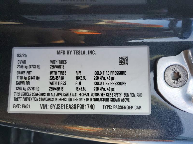 Продаж на аукціоні авто 2025 Tesla Model 3, vin: 5YJ3E1EA8SF981740, номер лоту: 74697815