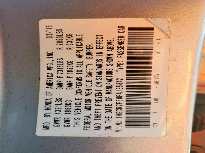Auction sale of the 2015 Honda Accord, vin: 1HGCR2F50FA135842, lot number: 72678655