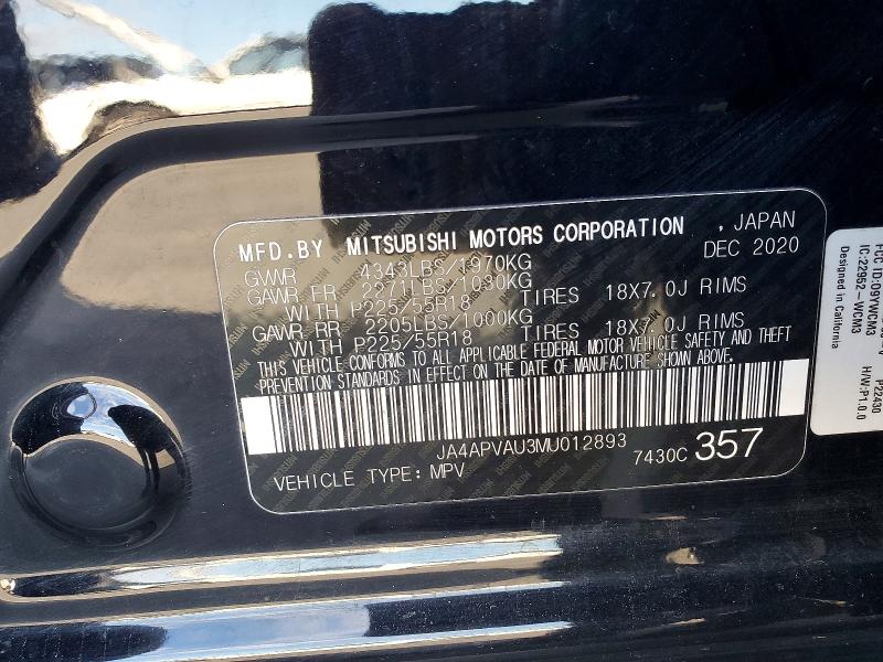2021 Mitsubishi Outlander Sport მანქანა იყიდება აუქციონზე, vin: JA4APVAU3MU012893, აუქციონის ნომერი: 72167065