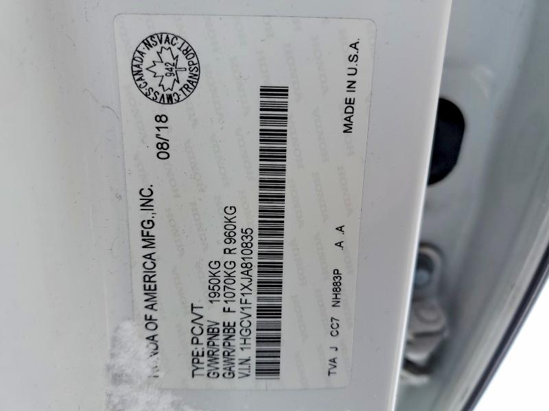 Aukcja sprzedaży 2018 Honda Accord, vin: 1HGCV1F1XJA810835, numer aukcji: 72274985