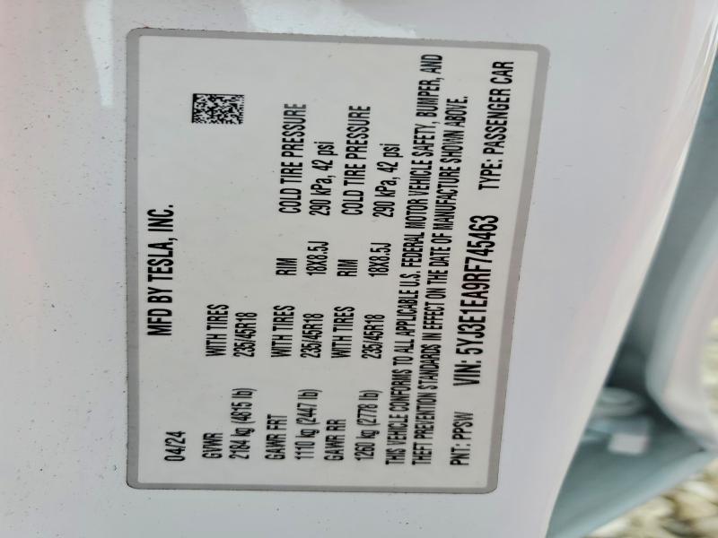 Продажа на аукционе авто 2024 Tesla Model 3, vin: 5YJ3E1EA9RF745463, номер лота: 72853995