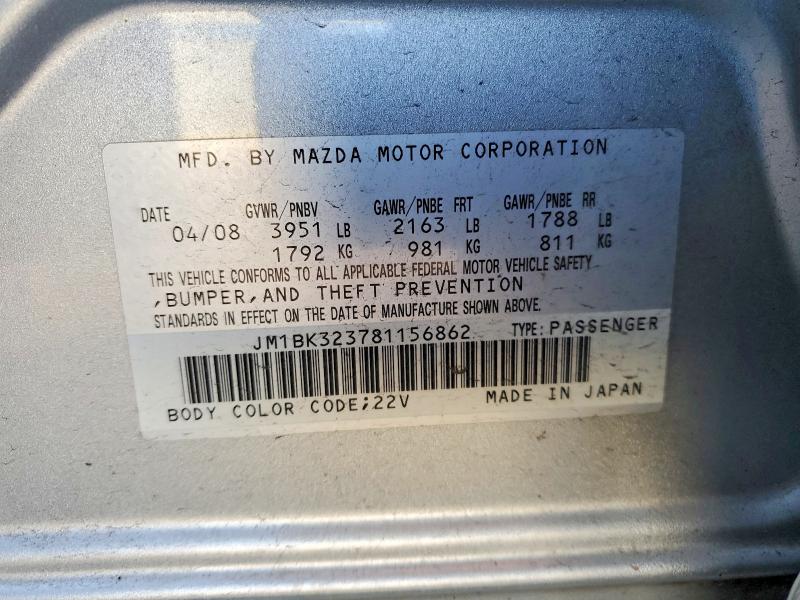 74689625 :رقم المزاد ، JM1BK323781156862 vin ، 2008 Mazda 3 مزاد بيع