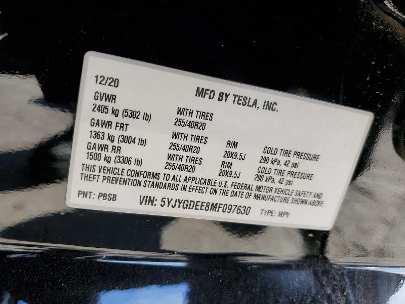 2021 Tesla Model Y მანქანა იყიდება აუქციონზე, vin: 5YJYGDEE8MF097630, აუქციონის ნომერი: 73902305