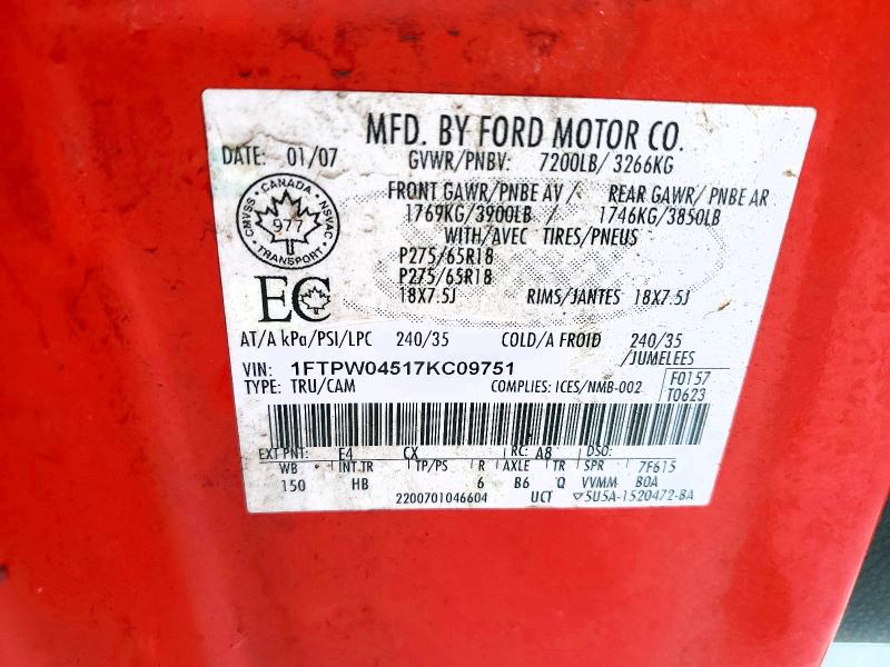 Auction sale of the 2007 Ford F150, vin: 1FTPW04517KC09751, lot number: 99686225