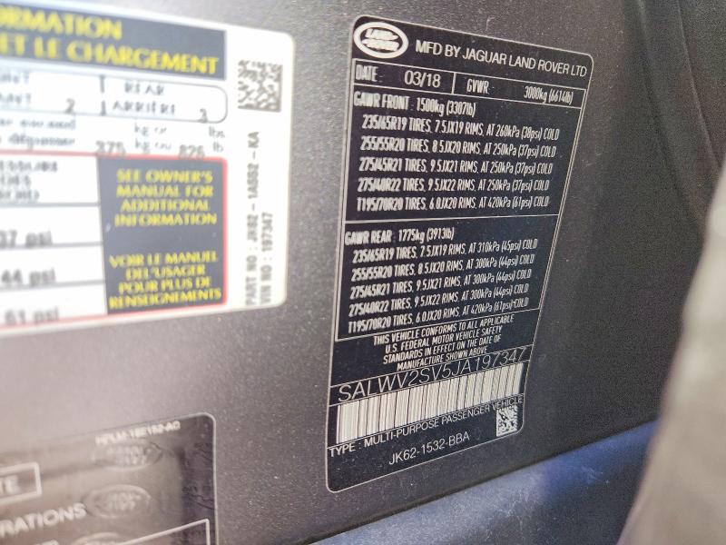 Продаж на аукціоні авто 2018 Land Rover Range Rove, vin: SALWV2SV5JA197347, номер лоту: 75008515