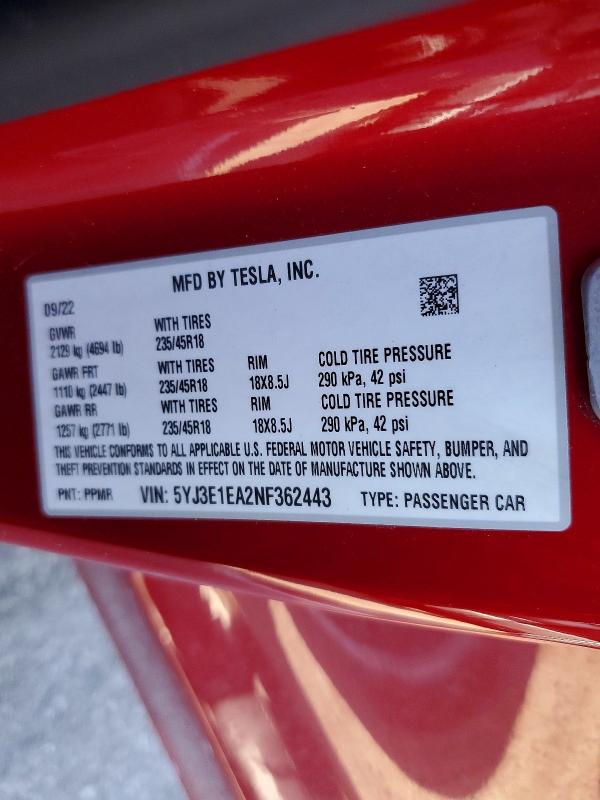72690715 :رقم المزاد ، 5YJ3E1EA2NF362443 vin ، 2022 Tesla Model 3 مزاد بيع
