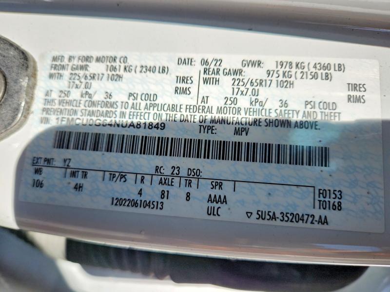 2022 Ford Escape მანქანა იყიდება აუქციონზე, vin: 1FMCU0G64NUA81849, აუქციონის ნომერი: 73262935