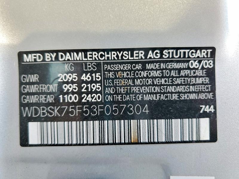 Продажа на аукционе авто 2003 Mercedes-benz Sl, vin: WDBSK75F53F057304, номер лота: 72892795