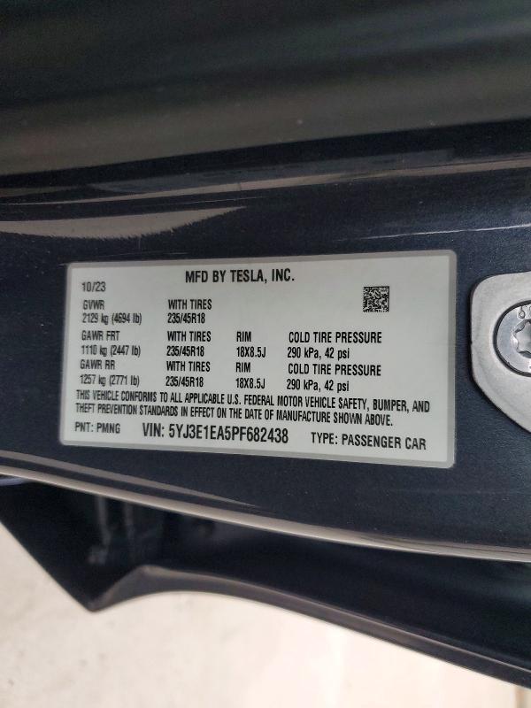 72582055 :رقم المزاد ، 5YJ3E1EA5PF682438 vin ، 2023 Tesla Model 3 مزاد بيع