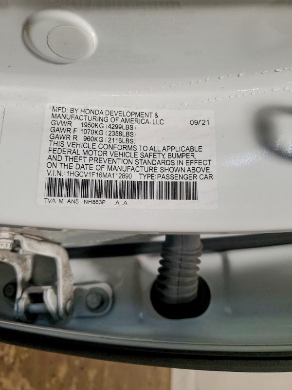 2021 Honda Accord მანქანა იყიდება აუქციონზე, vin: 1HGCV1F16MA112890, აუქციონის ნომერი: 73648215