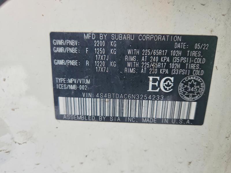 73026795 :رقم المزاد ، 4S4BTDAC6N3254233 vin ، 2022 Subaru Outback Co مزاد بيع