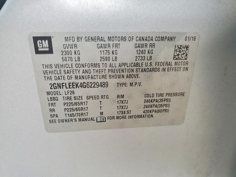 74103745 :رقم المزاد ، 2GNFLEEK4G6229489 vin ، 2016 Chevrolet Equinox مزاد بيع