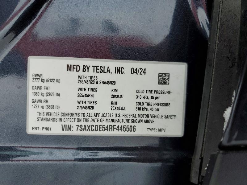 98958825 :رقم المزاد ، 7SAXCDE54RF445506 vin ، 2024 Tesla Model X مزاد بيع