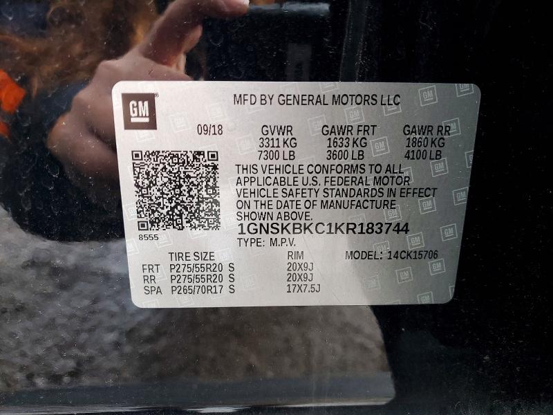 72110305 :رقم المزاد ، 1GNSKBKC1KR183744 vin ، 2019 Chevrolet Tahoe مزاد بيع