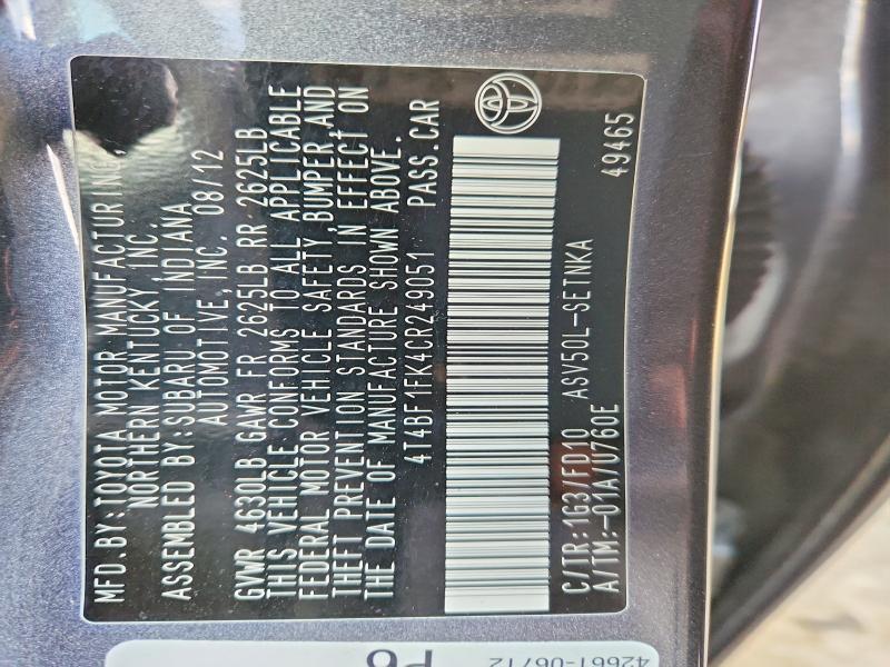 Aukcja sprzedaży 2012 Toyota Camry, vin: 4T4BF1FK4CR249051, numer aukcji: 98641355