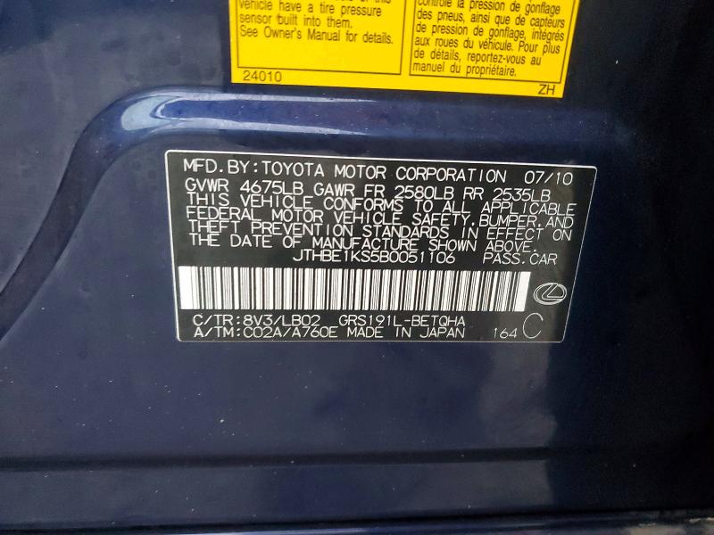 2011 Lexus Gs მანქანა იყიდება აუქციონზე, vin: JTHBE1KS5B0051106, აუქციონის ნომერი: 72342515
