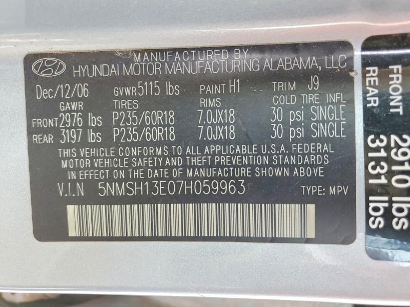 Продажа на аукционе авто 2007 Hyundai Santa Fe, vin: 5NMSH13E07H059963, номер лота: 99851195