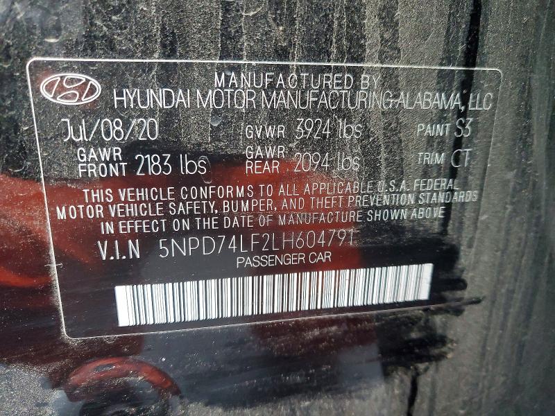 97638755 :رقم المزاد ، 5NPD74LF2LH604791 vin ، 2020 Hyundai Elantra مزاد بيع