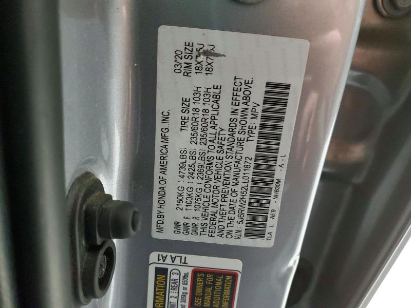 2020 Honda Cr-v მანქანა იყიდება აუქციონზე, vin: 5J6RW2H52LL011872, აუქციონის ნომერი: 96974265