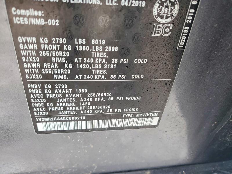 Aukcja sprzedaży 2019 Volkswagen Atlas, vin: 1V2MR2CA8KC566219, numer aukcji: 98890395