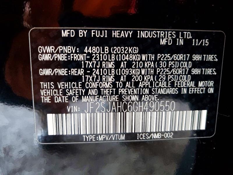 2016 Subaru Forester მანქანა იყიდება აუქციონზე, vin: JF2SJAHC6GH490550, აუქციონის ნომერი: 72939055