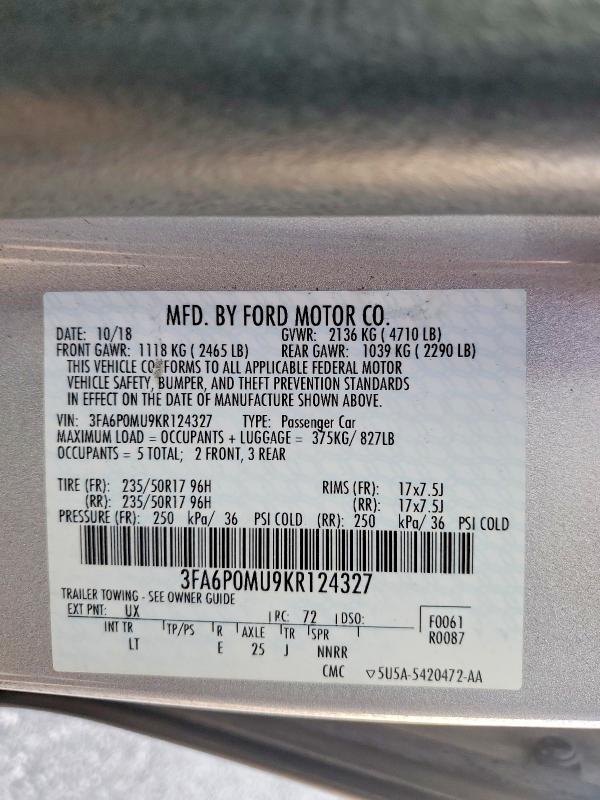 Aukcja sprzedaży 2019 Ford Fusion, vin: 3FA6P0MU9KR124327, numer aukcji: 75306535
