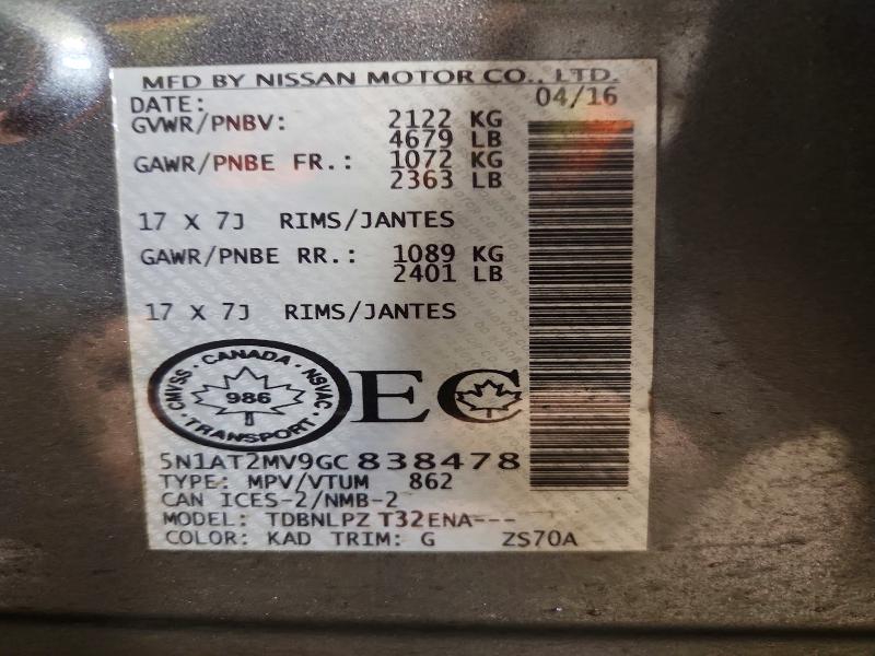 2016 Nissan Rogue მანქანა იყიდება აუქციონზე, vin: 5N1AT2MV9GC838478, აუქციონის ნომერი: 72231745